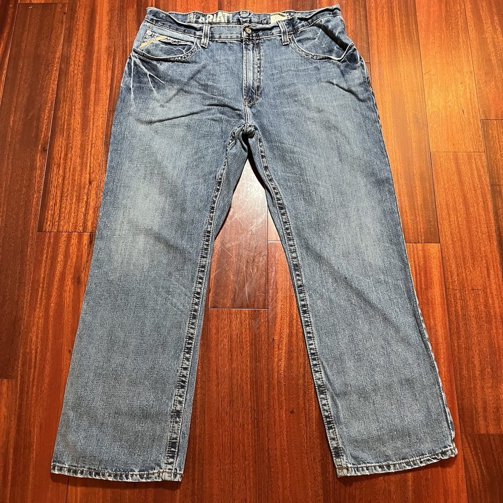 Ariat FR M4 Low Rise Boot Cut Jeans Mens 38x30 Blue Light Wash Workwear Cowboy